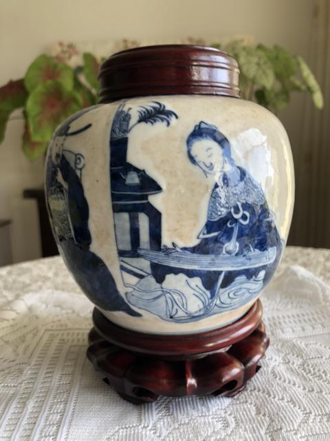 古玩陶瓷清哥釉青花人物罐拍賣,當前價格3500元