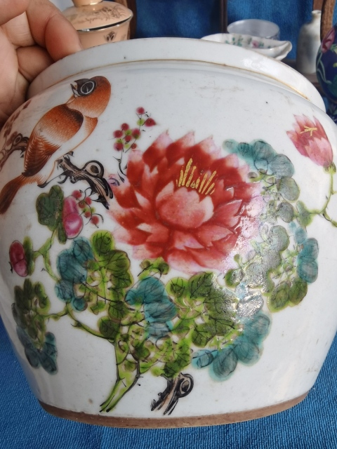 古玩陶瓷【望月樓】晚清民國時期淺絳彩安居樂業紋四系粥罐拍賣，當前價格800元