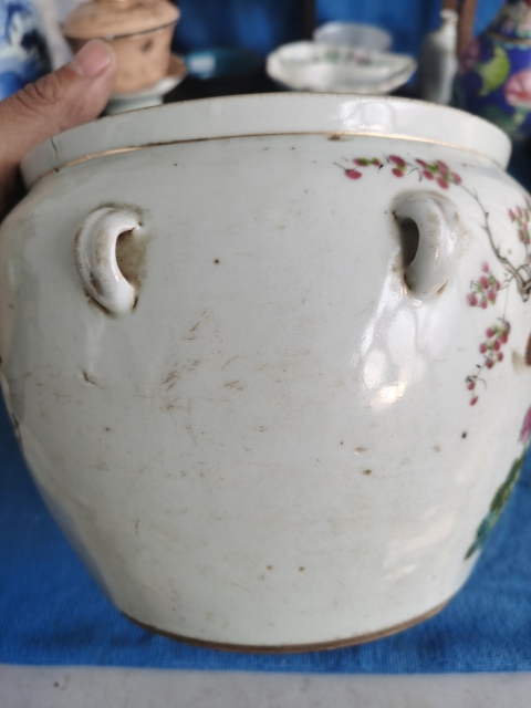 古玩陶瓷【望月樓】晚清民國時期淺絳彩安居樂業紋四系粥罐拍賣，當前價格800元