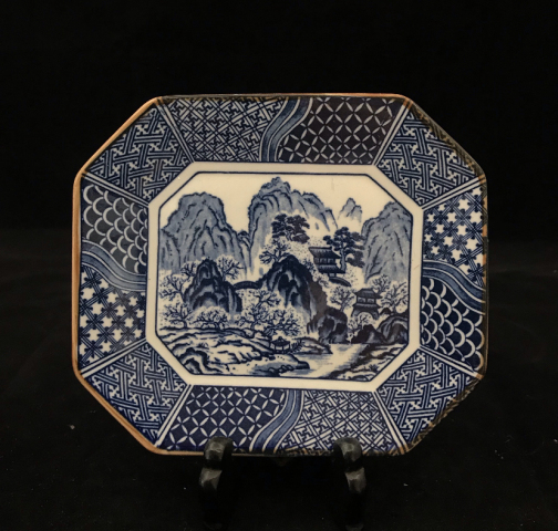古玩陶瓷山水紋青花盤(pán)拍賣(mài)，當(dāng)前價(jià)格398元