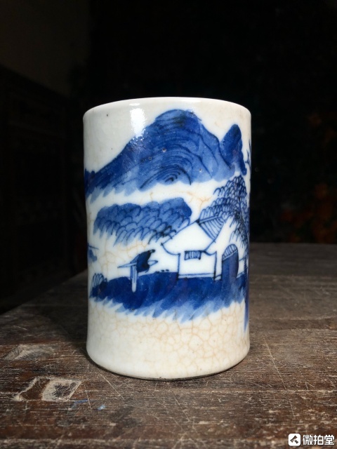 古玩陶瓷哥釉青花山水人物紋筆筒拍賣,當前價格999元