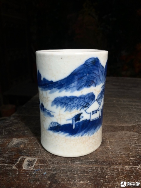 古玩陶瓷哥釉青花山水人物紋筆筒拍賣,當前價格999元