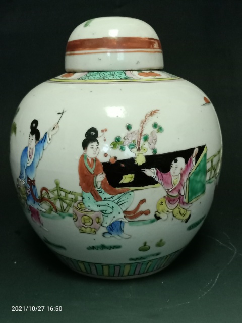 古玩陶瓷民國(guó)早期粉彩教子圖蓋罐拍賣，當(dāng)前價(jià)格1888元
