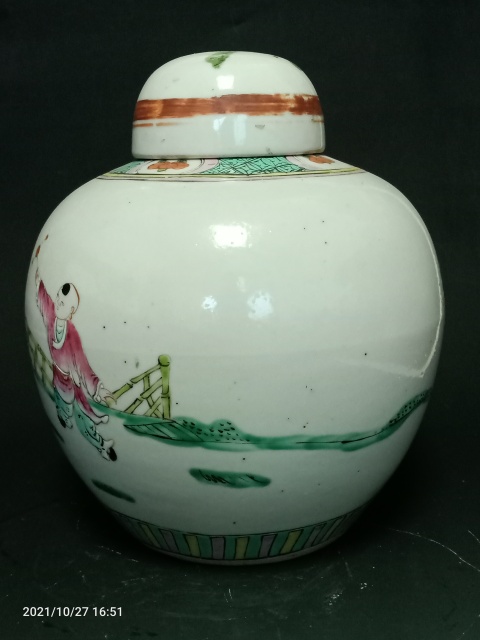 古玩陶瓷民國(guó)早期粉彩教子圖蓋罐拍賣，當(dāng)前價(jià)格1888元