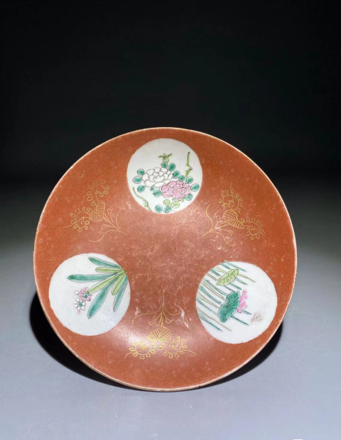 古玩陶瓷精品胭脂紅開光粉彩花卉紋盤拍賣,當前價格0元