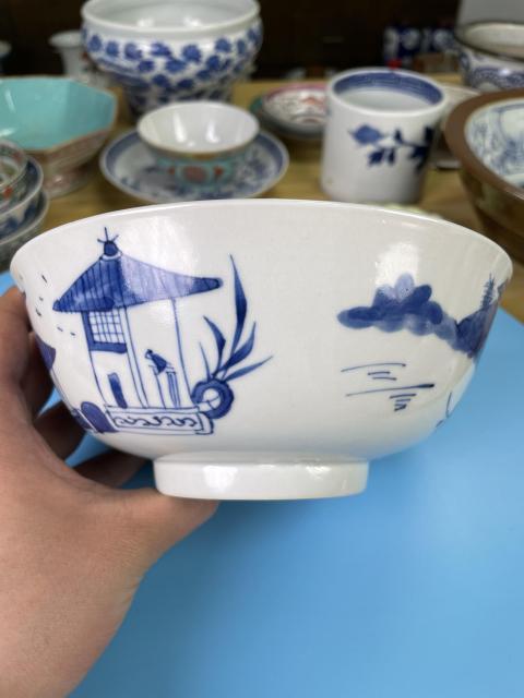 古玩陶瓷清中期 極品青花樓臺(tái)亭閣山水紋大碗拍賣，當(dāng)前價(jià)格1650元