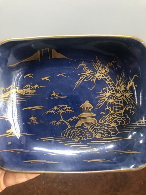 古玩陶瓷藍釉描金山水紋四方盤拍賣，當前價格670元