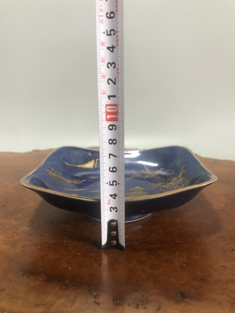 古玩陶瓷藍釉描金山水紋四方盤拍賣，當前價格670元