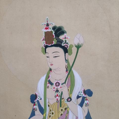 古玩字畫創(chuàng)匯時(shí)期絹本持蓮觀音手工原裱立軸拍賣,當(dāng)前價(jià)格998元