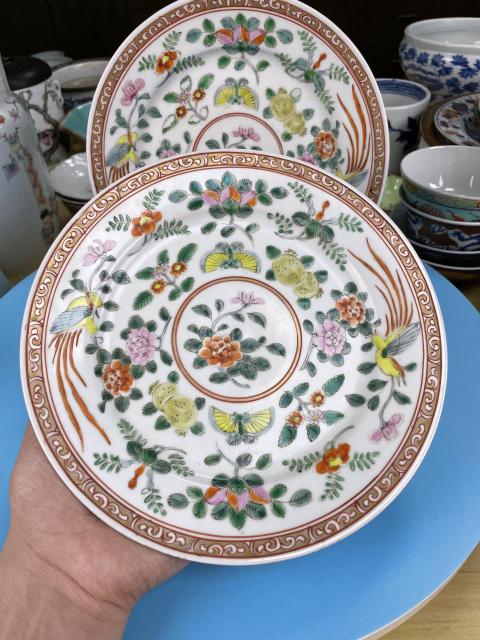 古玩陶瓷晚清民國 精品粉彩花鳥蝶紋盤一對拍賣，當前價格1500元