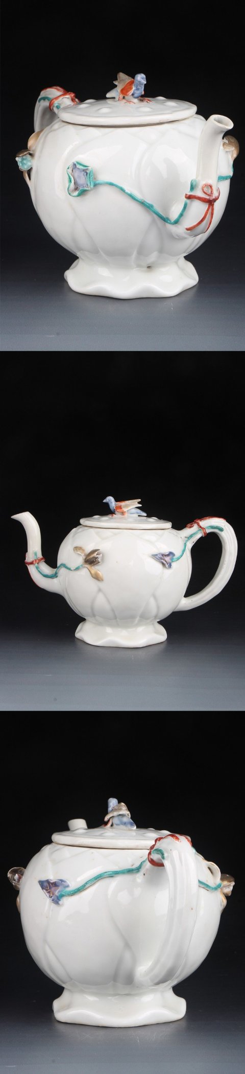 古玩陶瓷6263】清雍正??粉彩堆塑一把蓮水禽鈕模印蓮瓣壺拍賣，當前價格28600元