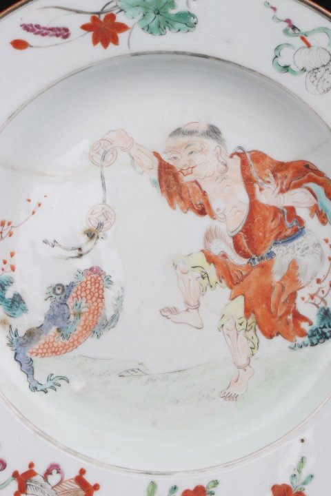 古玩陶瓷SJ-013】清康熙 五彩劉海戲金蟾圖折沿盤拍賣,當前價格18900元