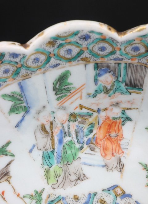 古玩陶瓷6234】清咸豐  五彩花鳥人物故事圖花口盤拍賣，當前價格4500元