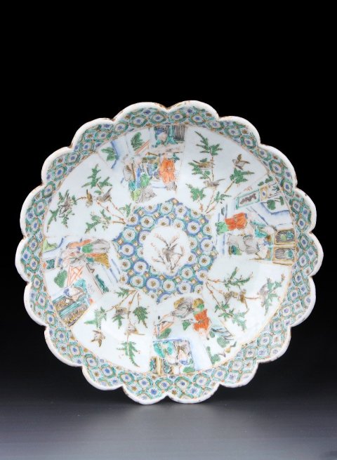 古玩陶瓷6234】清咸豐  五彩花鳥人物故事圖花口盤拍賣，當前價格4500元