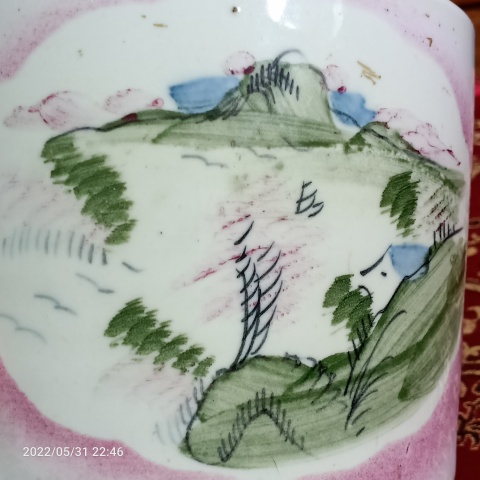古玩陶瓷釉下五彩山水紋圈足筒式香爐拍賣，當(dāng)前價格288元