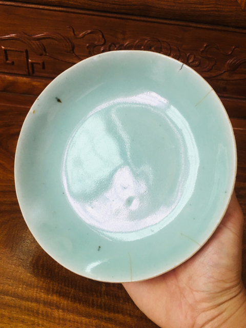 古玩陶瓷釉水美美滴豆青釉盤拍賣,當前價格288元
