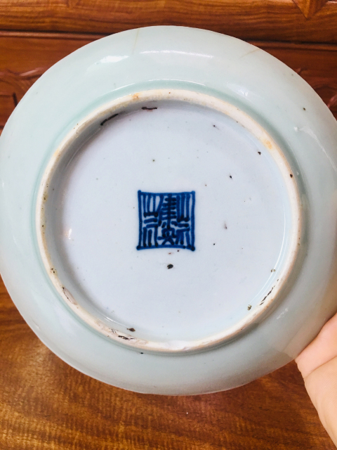 古玩陶瓷釉水美美滴豆青釉盤拍賣,當前價格288元