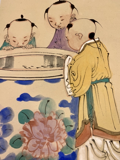 古玩字畫拍賣級金增友繪寫意人物童戲觀魚圖拍賣,當前價格3688元