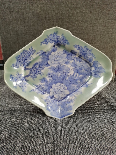古玩陶瓷【精美茶盤】晚清民國(guó)豆青釉青花茶盤拍賣，當(dāng)前價(jià)格480元