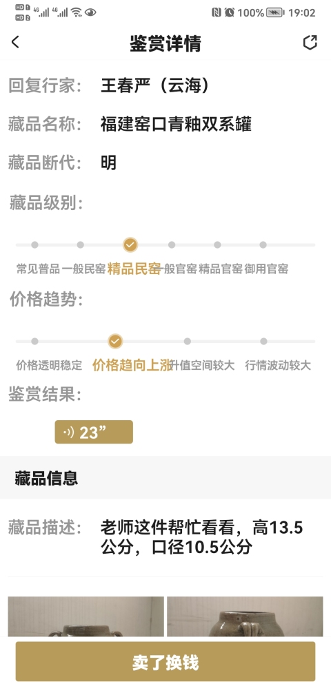 古玩陶瓷元明時期福建窯口青釉雙系罐拍賣，當前價格399元