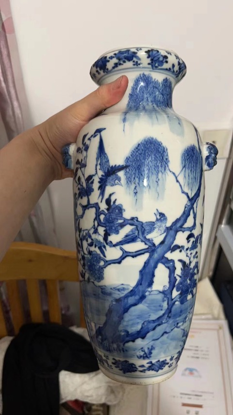 古玩陶瓷晚清青花花鳥紋獅耳洗口瓶拍賣,當前價格18000元