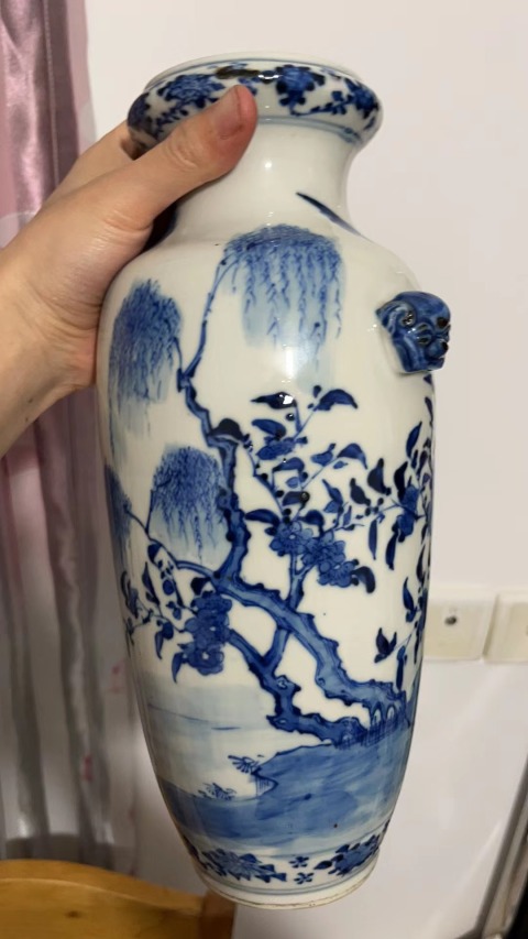 古玩陶瓷晚清青花花鳥紋獅耳洗口瓶拍賣,當前價格18000元