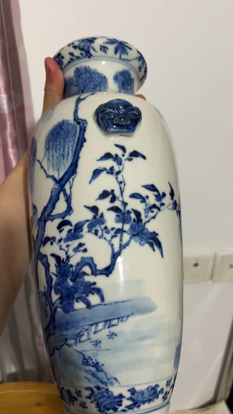 古玩陶瓷晚清青花花鳥紋獅耳洗口瓶拍賣,當前價格18000元