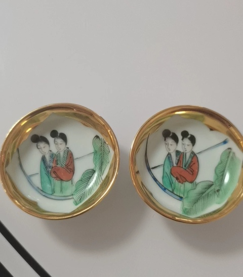 古玩陶瓷一對民國描金精品芭蕉仕女圖彩繪盤,筆洗盤拍賣,當前價格590元