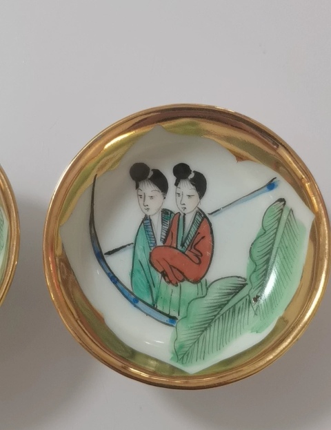 古玩陶瓷一對民國描金精品芭蕉仕女圖彩繪盤,筆洗盤拍賣,當前價格590元