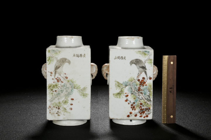 古玩陶瓷清晚·淺絳彩花鳥博古紋琮式瓶一對(duì)拍賣，當(dāng)前價(jià)格1250元
