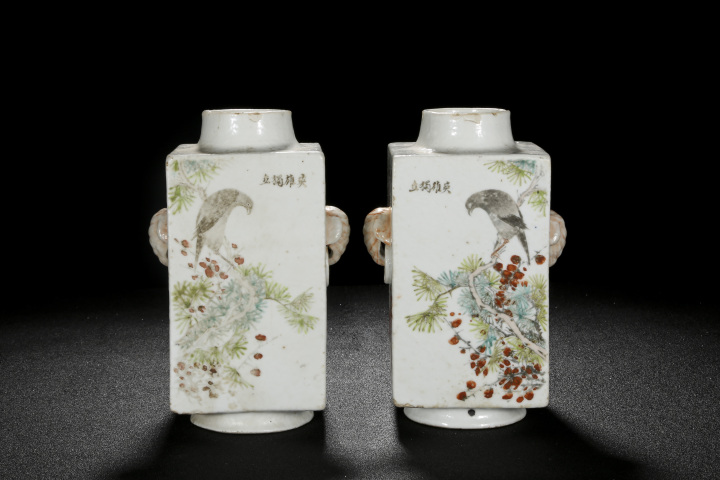 古玩陶瓷清晚·淺絳彩花鳥博古紋琮式瓶一對(duì)拍賣，當(dāng)前價(jià)格1250元