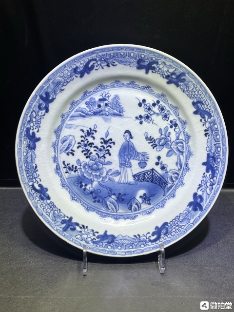 古玩陶瓷清乾隆青花山水花卉仕女圖盤拍賣，當前價格3600元
