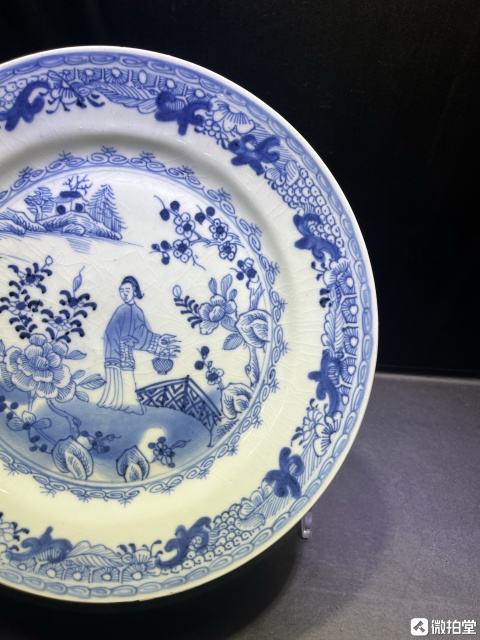 古玩陶瓷清乾隆青花山水花卉仕女圖盤拍賣，當前價格3600元
