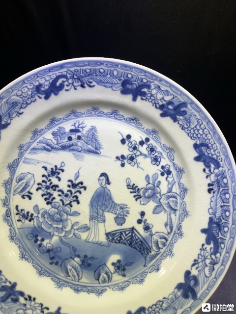 古玩陶瓷清乾隆青花山水花卉仕女圖盤拍賣，當前價格3600元