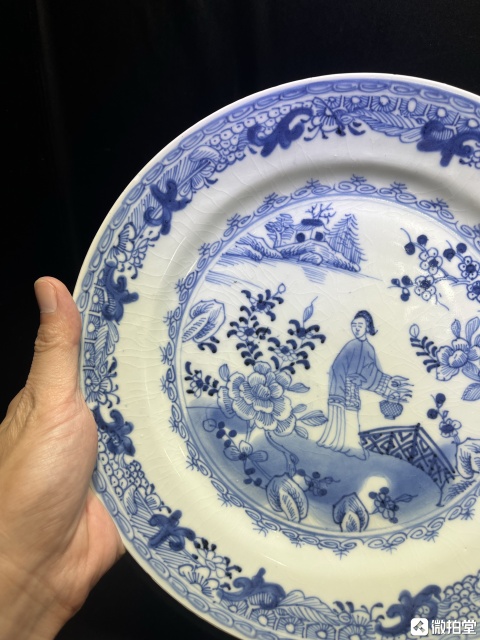 古玩陶瓷清乾隆青花山水花卉仕女圖盤拍賣，當前價格3600元