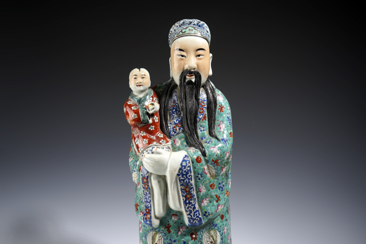 1370  中国 骨董　福建會館  游長子造　十錦 粉彩　漢人　置物　時代物 民國福建會館福祿壽三星雕像，高42cm直徑16cm，編號36 粉彩描金