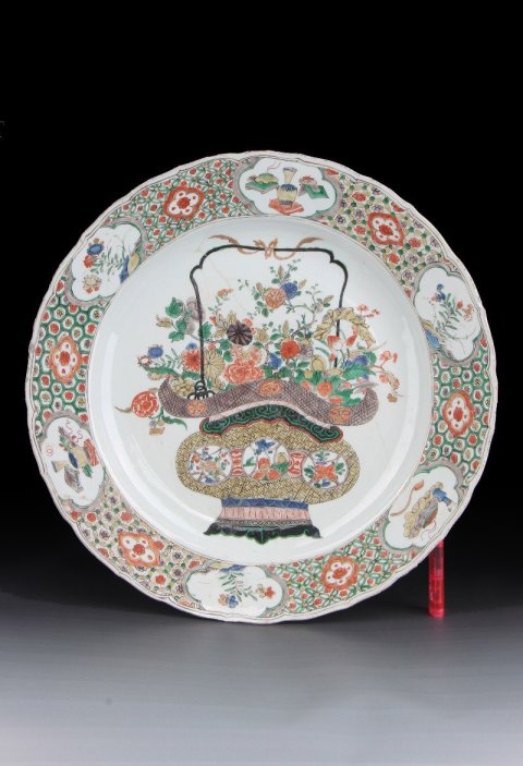 古玩陶瓷SJ-061】清康熙  五彩提籃花大花口盤拍賣，當前價格15000元