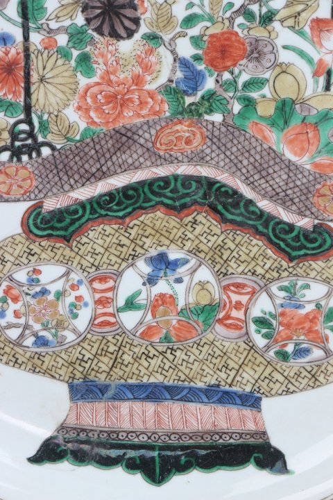 古玩陶瓷SJ-061】清康熙  五彩提籃花大花口盤拍賣，當前價格15000元