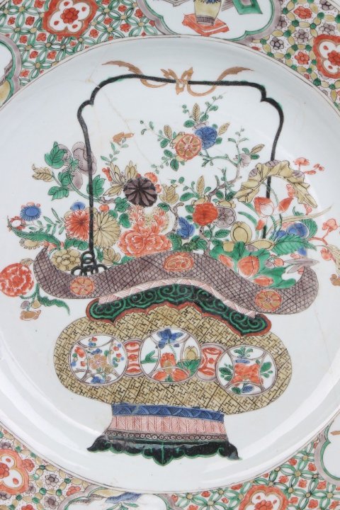 古玩陶瓷SJ-061】清康熙  五彩提籃花大花口盤拍賣，當前價格15000元