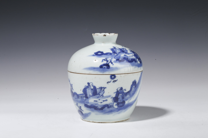 古玩陶瓷晚清·青花人物博弈圖蓋缸拍賣，當前價格2900元