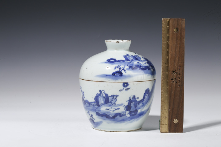 古玩陶瓷晚清·青花人物博弈圖蓋缸拍賣，當前價格2900元