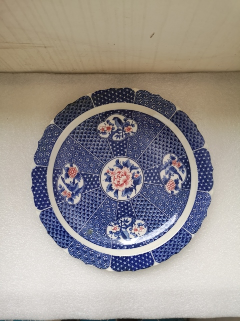 古玩陶瓷青花加彩開光花鳥紋花口盤拍賣,當前價格398元