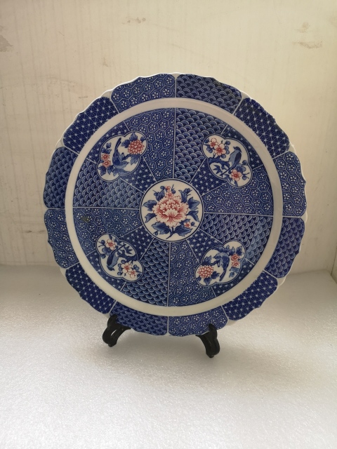 古玩陶瓷青花加彩開光花鳥紋花口盤拍賣,當前價格398元