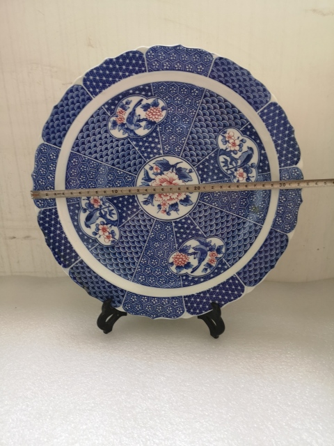 古玩陶瓷青花加彩開光花鳥紋花口盤拍賣,當前價格398元