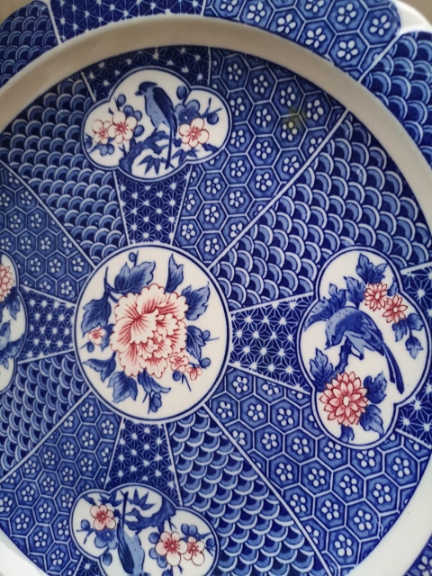 古玩陶瓷青花加彩開光花鳥紋花口盤拍賣,當前價格398元