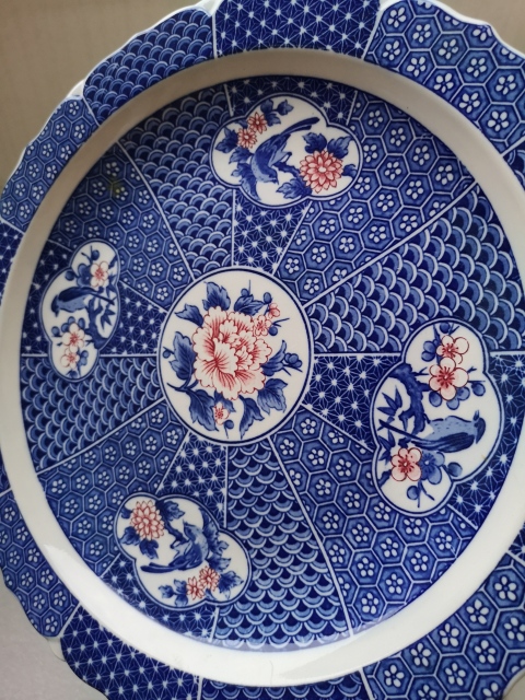 古玩陶瓷青花加彩開光花鳥紋花口盤拍賣,當前價格398元