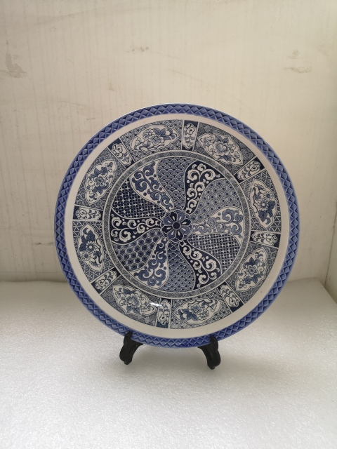 古玩陶瓷青花印花卉紋大盤拍賣,當前價格350元