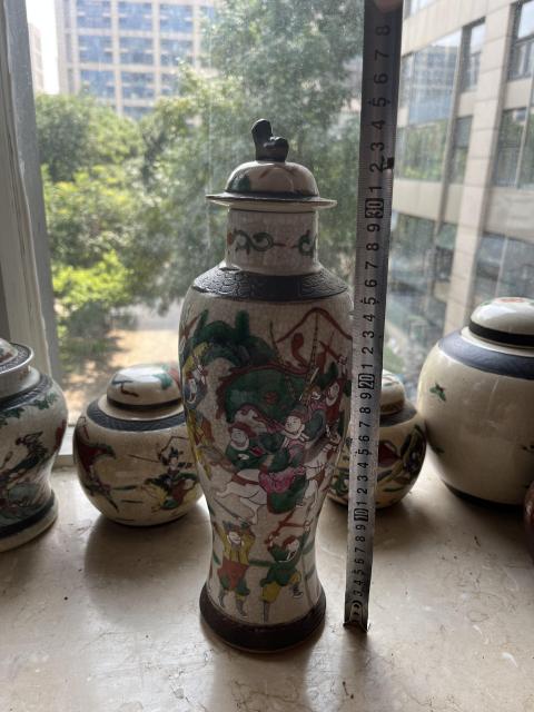 古玩陶瓷晚清哥釉地鐵銹釉刀馬人雞腿蓋瓶拍賣，當前價格1999元