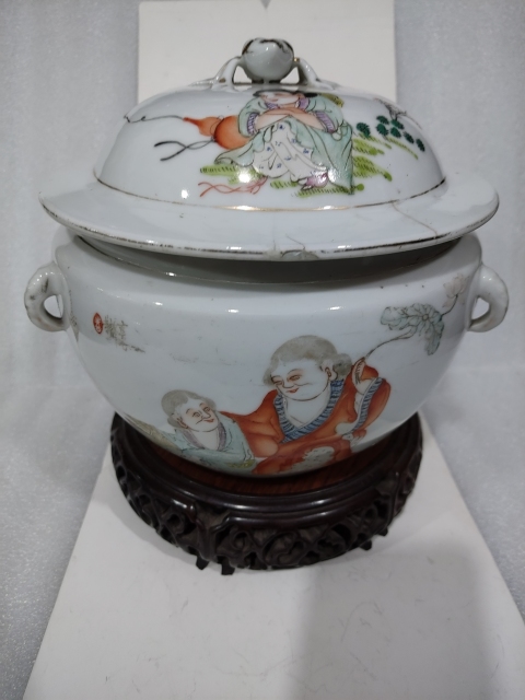 古玩陶瓷粉彩和合二仙詩(shī)文四系粥罐拍賣(mài)，當(dāng)前價(jià)格2280元