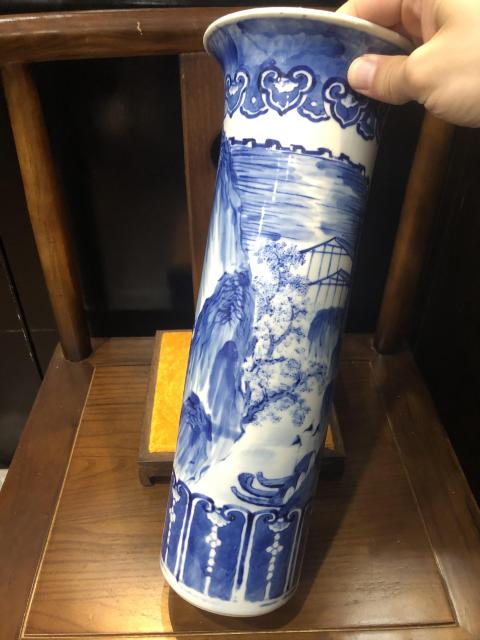 古玩陶瓷(新年放漏中)晚清-光緒-滕王閣山水青花紋花觚拍賣,當(dāng)前價(jià)格5890元